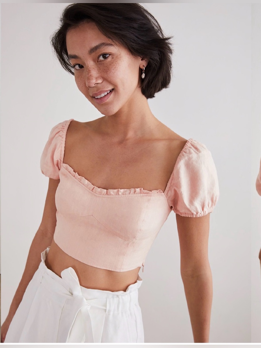 Wilfred Aritzia Wander Linen Bustier Blouse Pink Puff-Sleeve Cropped Top S Small